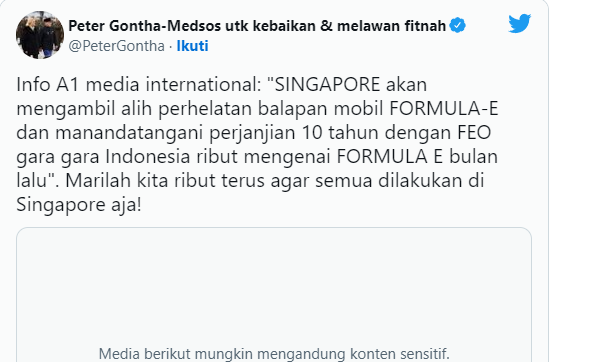 Waduh, Peter Gonta Sebut Singapura Ambil Alih Ajang Formula E di Jakarta